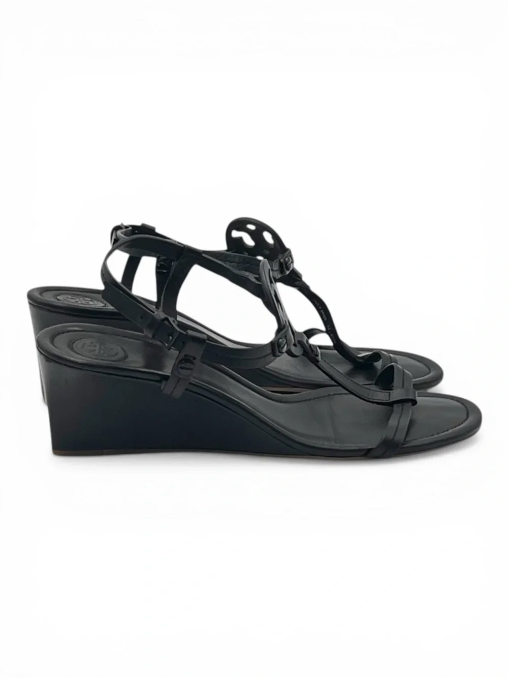 Tory Burch Miller Wedge Sandals Perfect Black Leather Logo T Strap Size 8